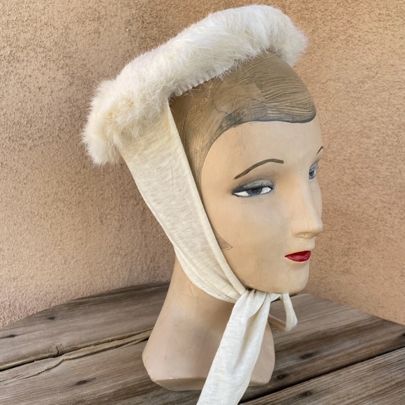 VTG 1940s Off White Wool Rabbit Fur Turban Platter Hat OS - Picture 4 of 10